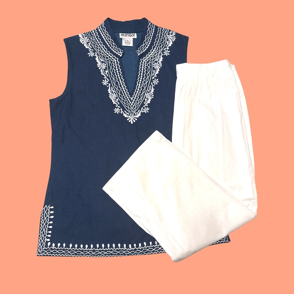 Marisol Navy Blue White Set Embroidered Sleeveless Cotton Tunic Top Pants M Med